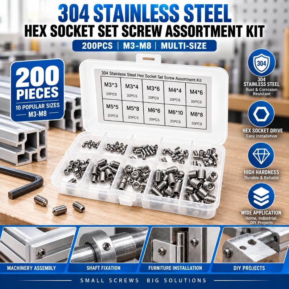 200PCS Silver Grub Screw Set M3 To M8 Inner Hex Screw Stainless Steel Screw For Precise Instrument
