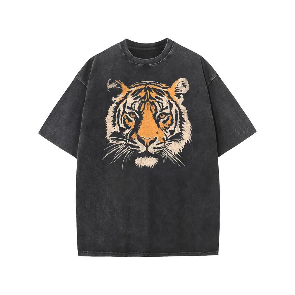 Unisex Acid Wash Vintage Tiger Graphic Heavyweight Cotton Back To School T-Shirt
