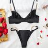 European and American ultra-thin mesh sexy gathering bra set metal chain fashion temptation underwear thong set