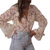 Fashion Sexy Hollow Out See Through Mesh Lace Shirt Sweet Blouse Loose Casual Slim Long Sleeve Crochet Elegant Tops
