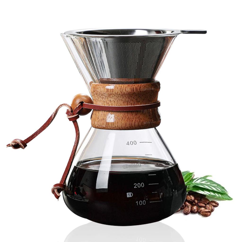 ESTVLB Coffee Server, Heat-Resistant Glass, Wooden Holder, 400ml Coffee Dripper with Measurement Markings, 1-2 Servings, Microwave Safe, Stainless Ste