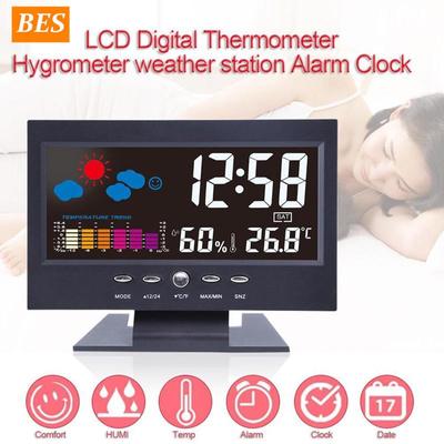 LCD-Farbbildschirm für den Innenbereich, ewiger Kalender, Wetterstation, Thermometer mit Luftfeuchtigkeit/Wetter/Schlummerwecker