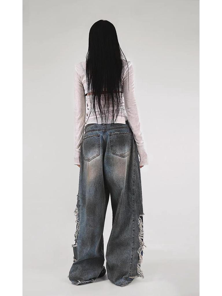 Trendy Korean Tassel Ripped Jeans: Washed, Punk Style, Straight-Leg, Draping Long Pants for Teenagers