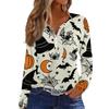 Women's Fashion Casual Halloween Printed V-Neck Button Trim Long Sleeve T-Shirt Top