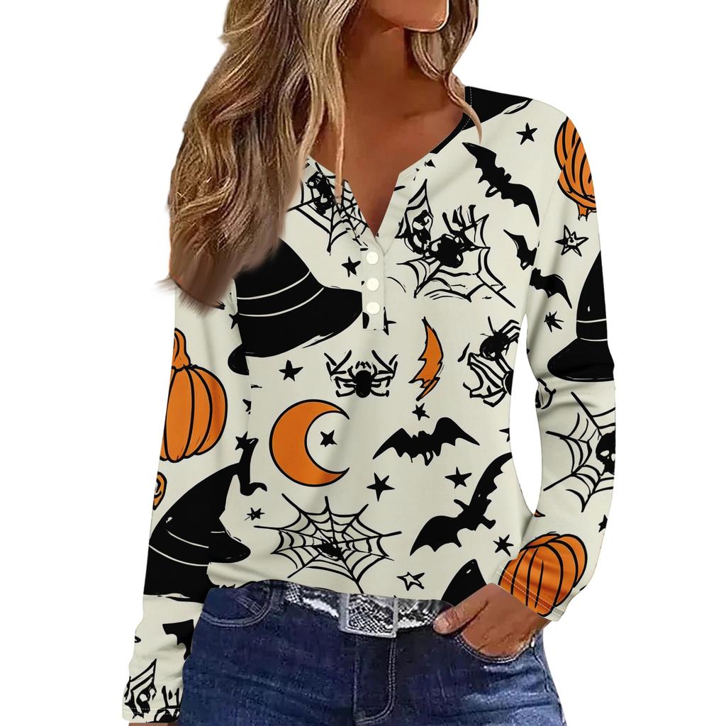 Women's Fashion Casual Halloween Printed V-Neck Button Trim Long Sleeve T-Shirt Top