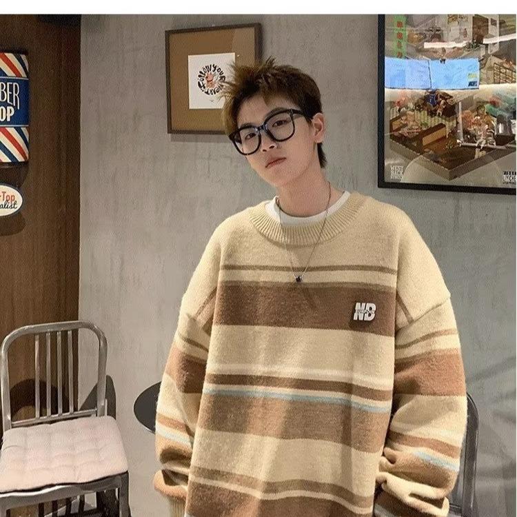 Pulover pentru bărbați cu dungi largi, cu decolteu, toamnă, supradimensionat, tricotat, iarna, tricotaje calde
