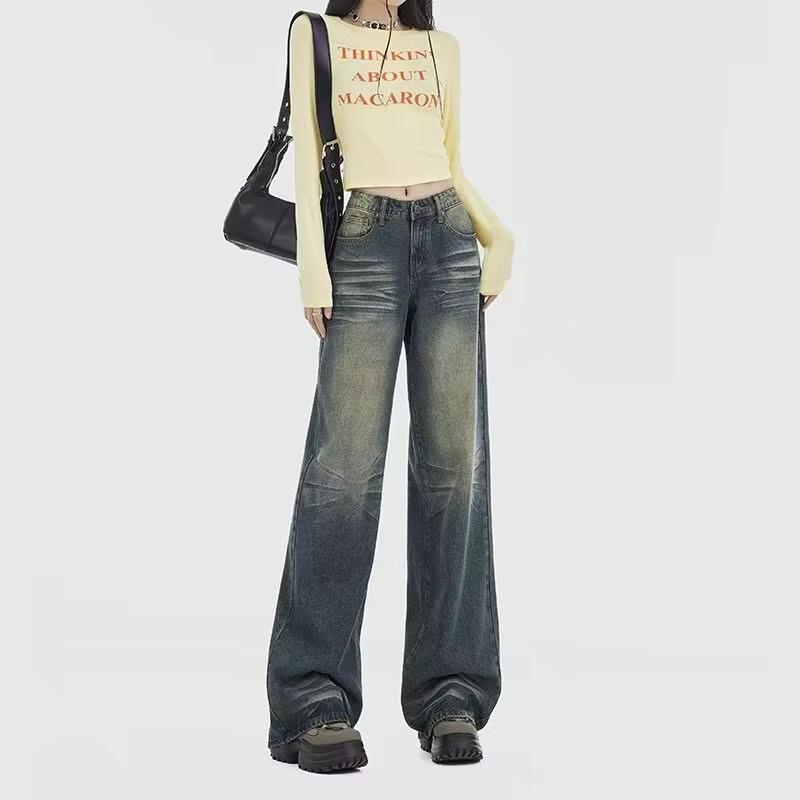 

Джинсы с заниженной талией для женщин с дизайнерским подходом на весну и осень. Новые свободные и узкие прямые брюки в пол с широкими штанинами. XL синий