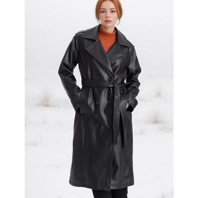Women Spring and Autumn Lapel Solid Color Leather Jacket with Belt Long Double Breasted Leather Windbreaker