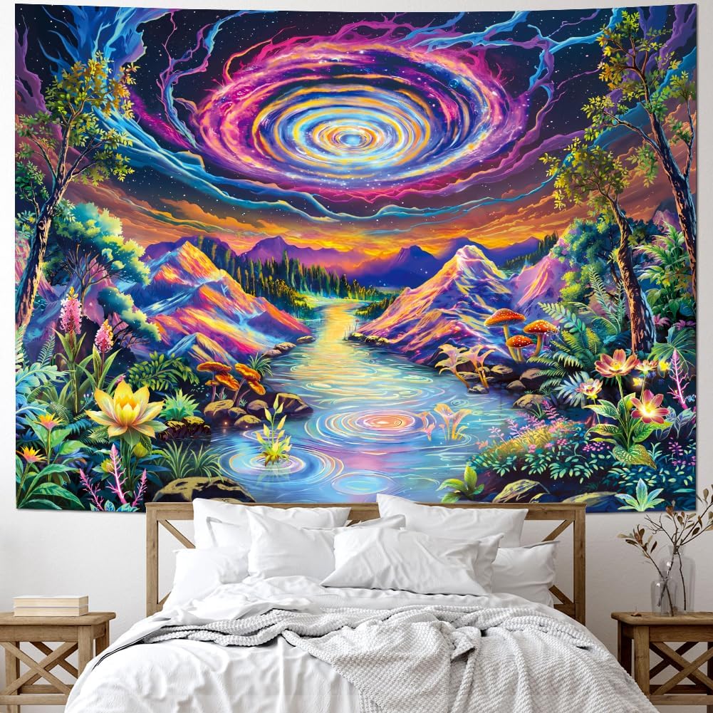 Leofanger Blacklight Galaxy Space Tapestry Colorful Starry Sky Tapestry UV Reactive Neon Plant Floral Wall Tapestries Trippy Mountain Tapestries Wall