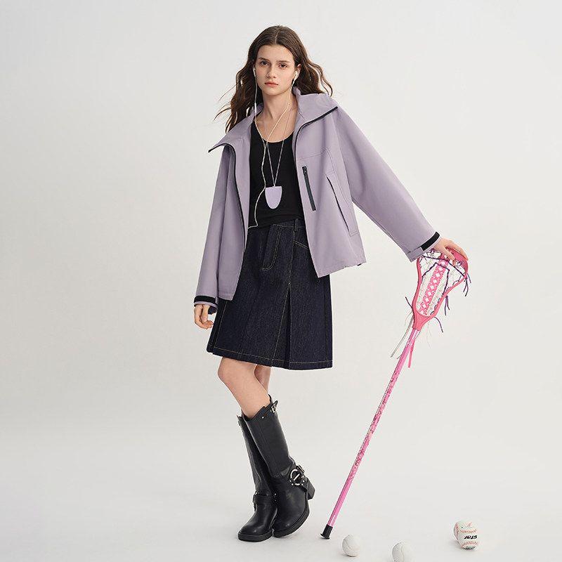 

Large Size Women s Clothing [Outdoor Exploration] Three-Proof Short Jacket 2026 Spring Outdoor Windproof Stand-Up Collar Hooded Top Smoke Purple 1 piece