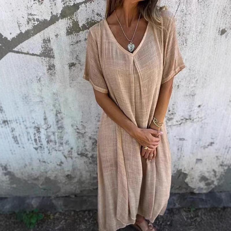 2026 New Casual Spring/Summer Loose Dress Short Sleeve V-Neck Solid Color Cotton-Linen Dress