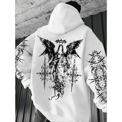 Men's Angel Element Graffiti Thorn Print Fashionable Street Wear Hip-hop Punk Style Hoodie, Regular Fit, Casual Long Sleeved Pullover