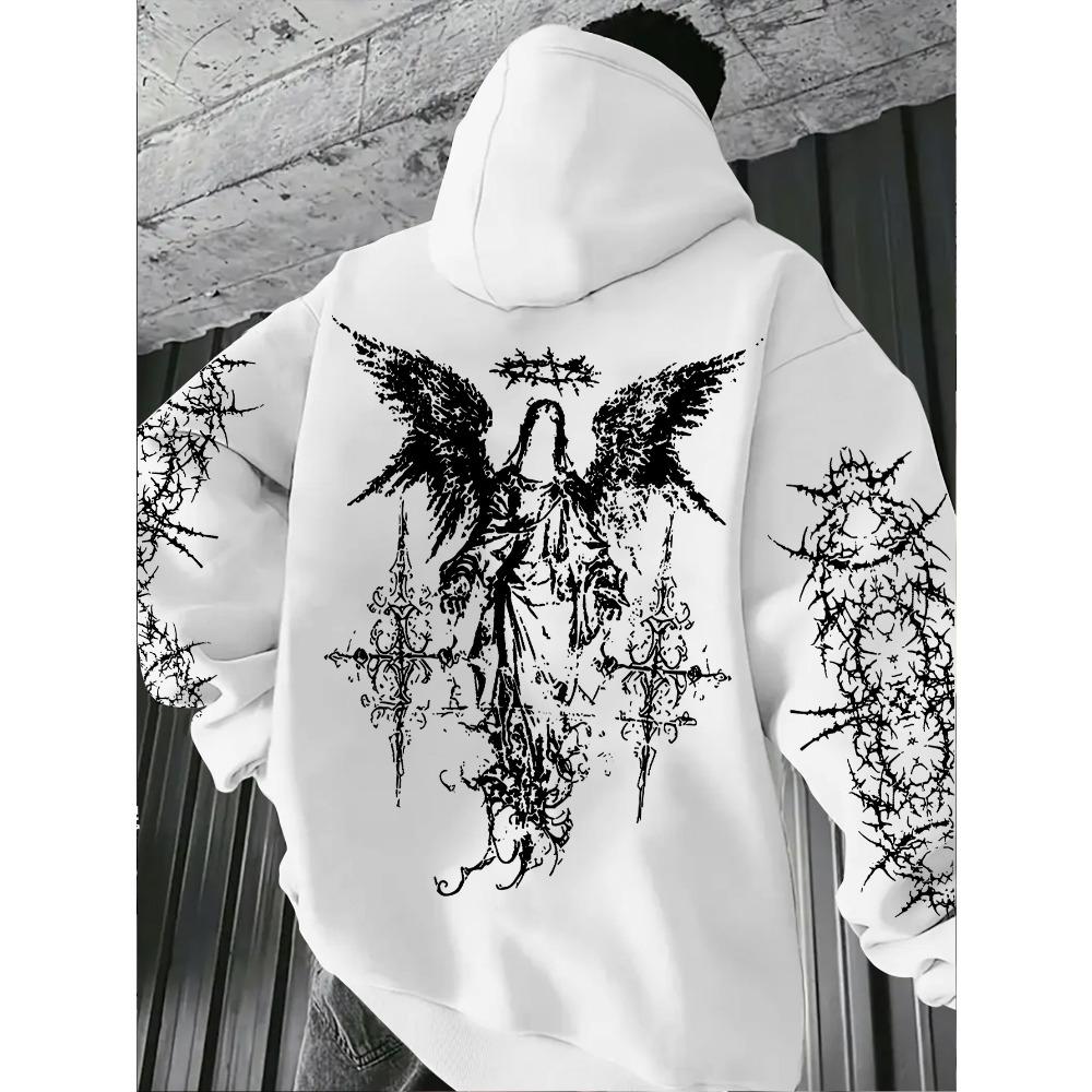 Men s Angel Element Graffiti Thorn Print Fashionable Street Wear Hip-hop Punk Style Hoodie Regular Fit Casual Long Sleeved Pullover S 1580₽