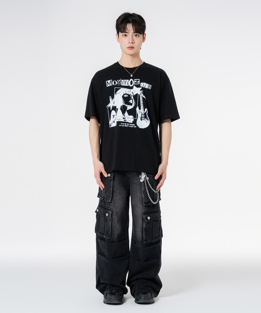 MOZMOZ Comic Girl Oversized Short Sleeve T-Shirt Black
