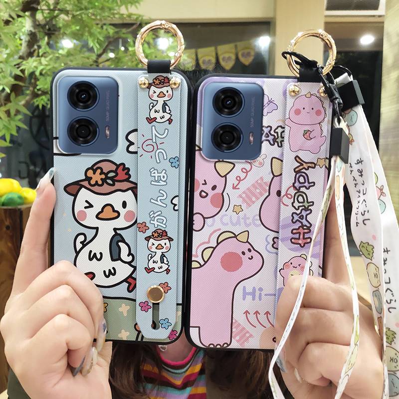 Ring Waterproof Phone Case For MOTO G24 Power Back Cover Anti-dust Durable Wristband Kickstand Protective Lanyard Cute