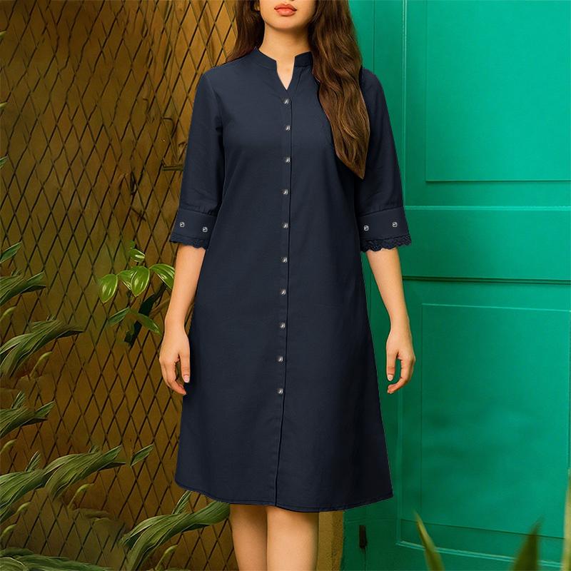 

ZANZEA Женское повседневное платье с V-образным вырезом, однотонное, свободного кроя, с рукавами 3/4 4XL тёмно-синий