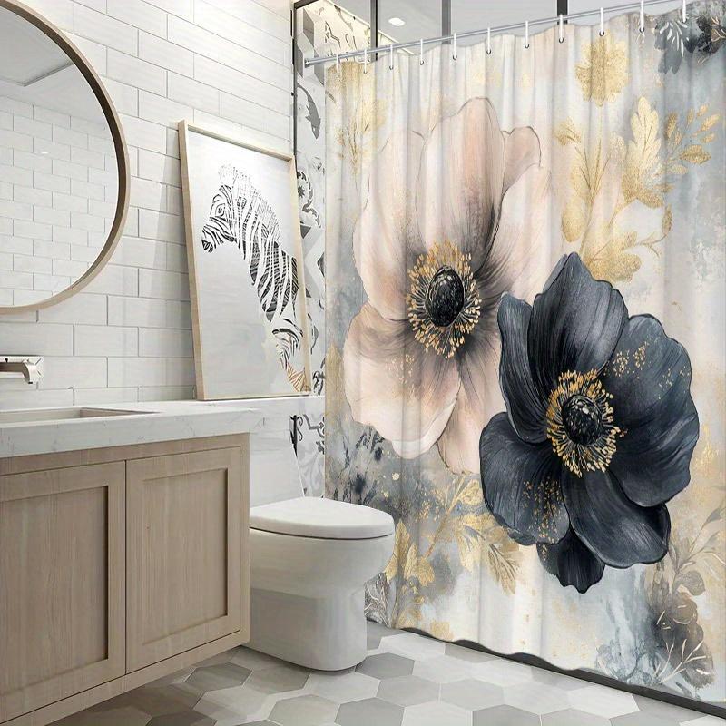 1 Elegant Floral Shower Curtain, Beige and Black Poppies, Gold Center, Grey and White Background, With Hooks, Polyester Fabric