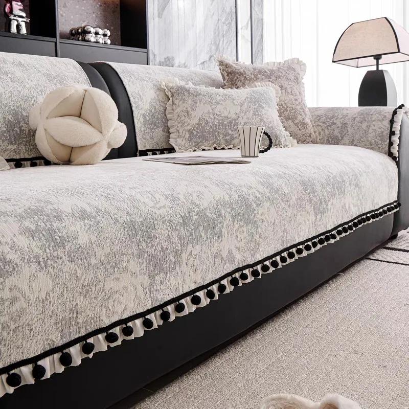 1PC Printed Chenille Sofa Cover Elegant Tassel Sofa Towel Simple Anti-Slip Couch Cushion Pet Kids Sofa Pad for Living Room A 70x70cm 1pc