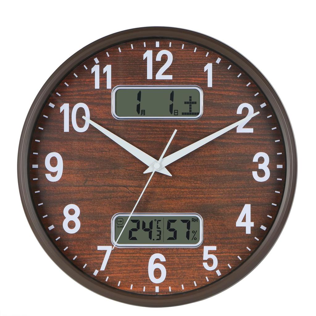 Nástěnné hodiny Nbdeal Tiché s plynulou sekundovou ručičkou Analogový kalendář Zobrazení teploty vlhkosti Průměr 32 cm CSY-9997 Kávová barva