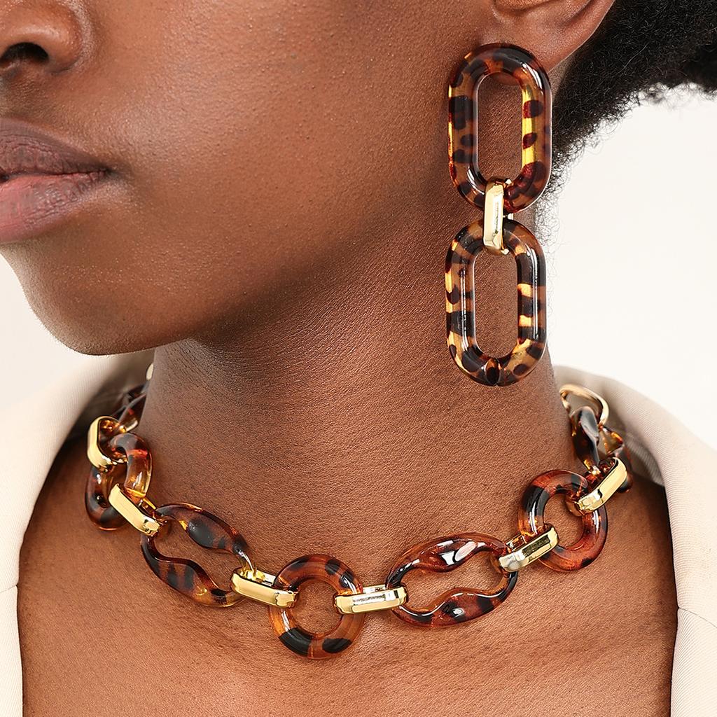 Vintage Exaggerated Amber Acrylic Leopard Print Chain Necklace Earring Set
