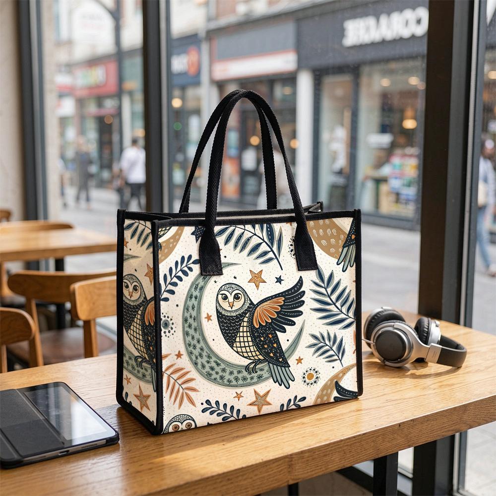 Cute Owl Print Canvas Tote Bag Boho Moon Star Pattern Casual Shoulder Handbag for Daily Shopping Commute