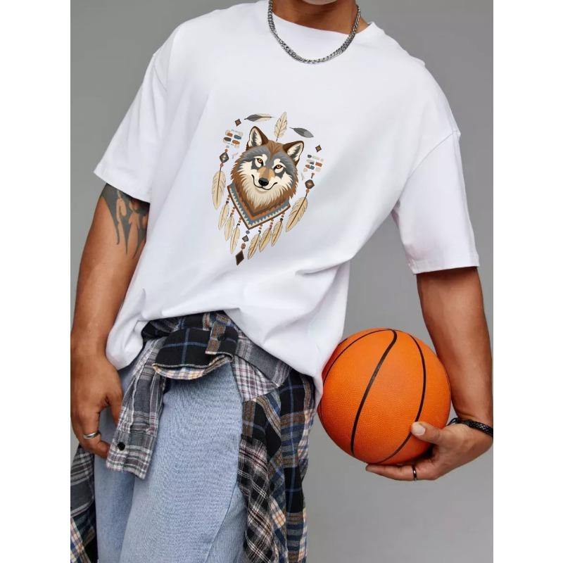 Wolf Tribal Pattern T Shirt White Wolf Face with Feathers and Beads Design for Casual Wear