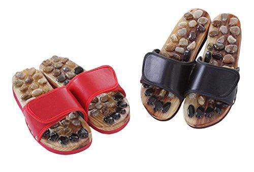Simple Foot Reflexology Massage Slippers, Healthy Sandals with Leather and Natural Stone (Large 27-28.5cm, Black)