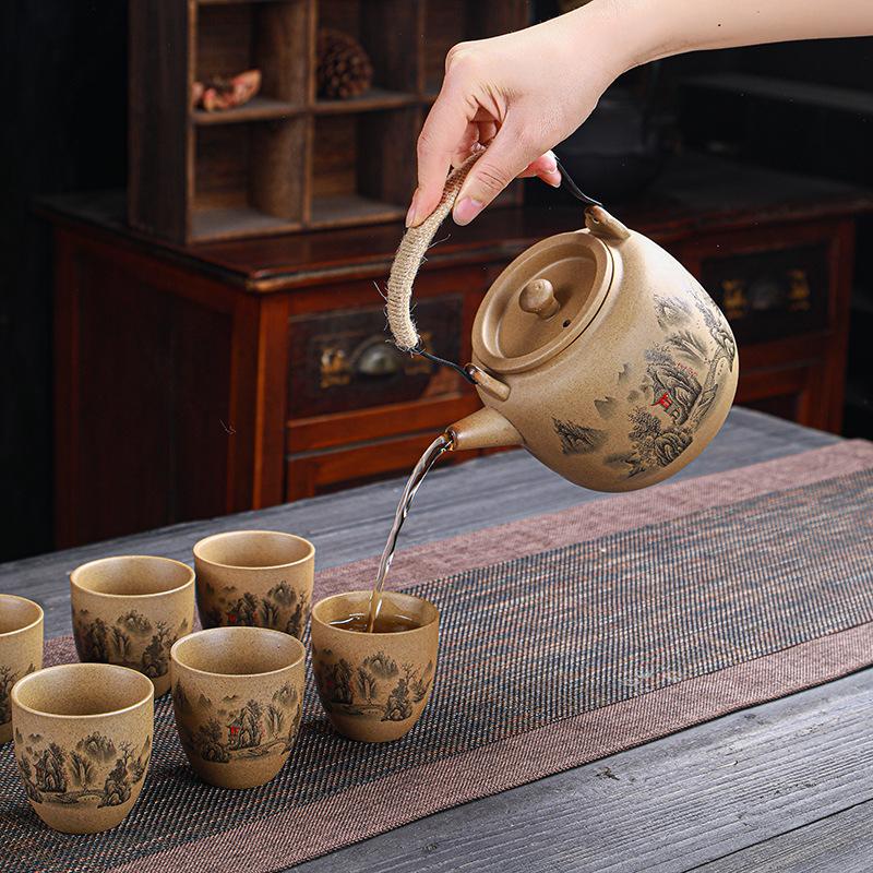 Hrubá keramika, Pálení palivového dříví, Konvice se zvedacím trámem, Konvice na čaj, Čajová sada, Japonská ručně vyráběná retro keramická velká nádoba, Velký šálek, Kompletní sada
