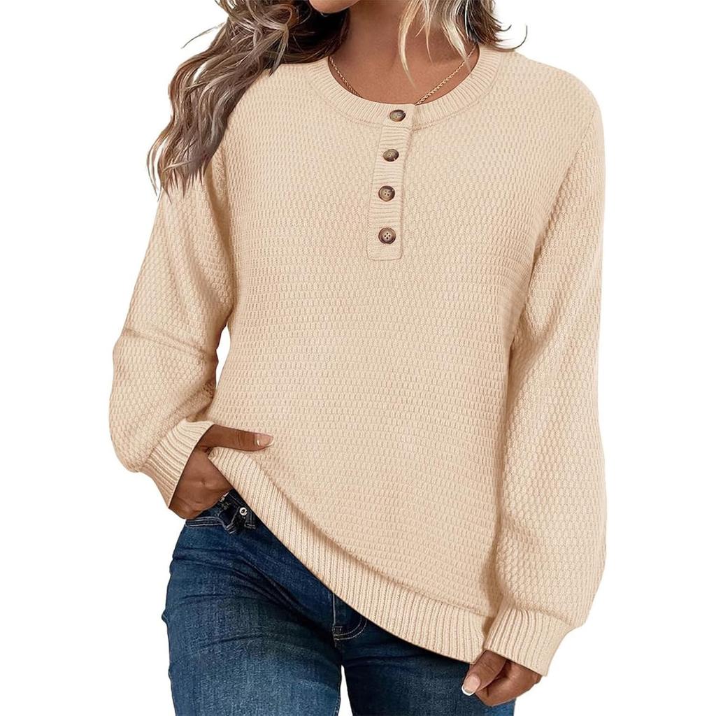 Women's Loose-Fitting Solid-Color Button-Up Long-Sleeved Round-Neck Pullover Knit Sweater Top