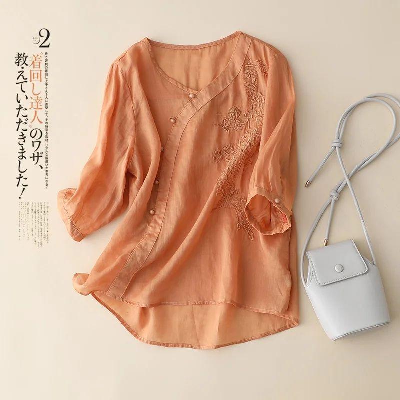 Purple short-sleeved cotton and linen shirt for women who are thin and cover their stomachs. Loose large-size disc-buckled cotton