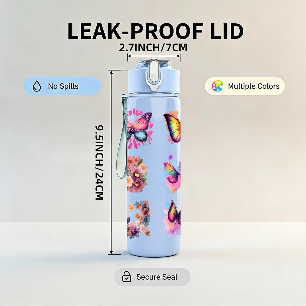 1PC Multi Color Butterfly Collage Graphic,750ml Color Plastic Sports Water Bottle,Leakproof Flip Straw Lid,Suitable for Sports Office Home Use