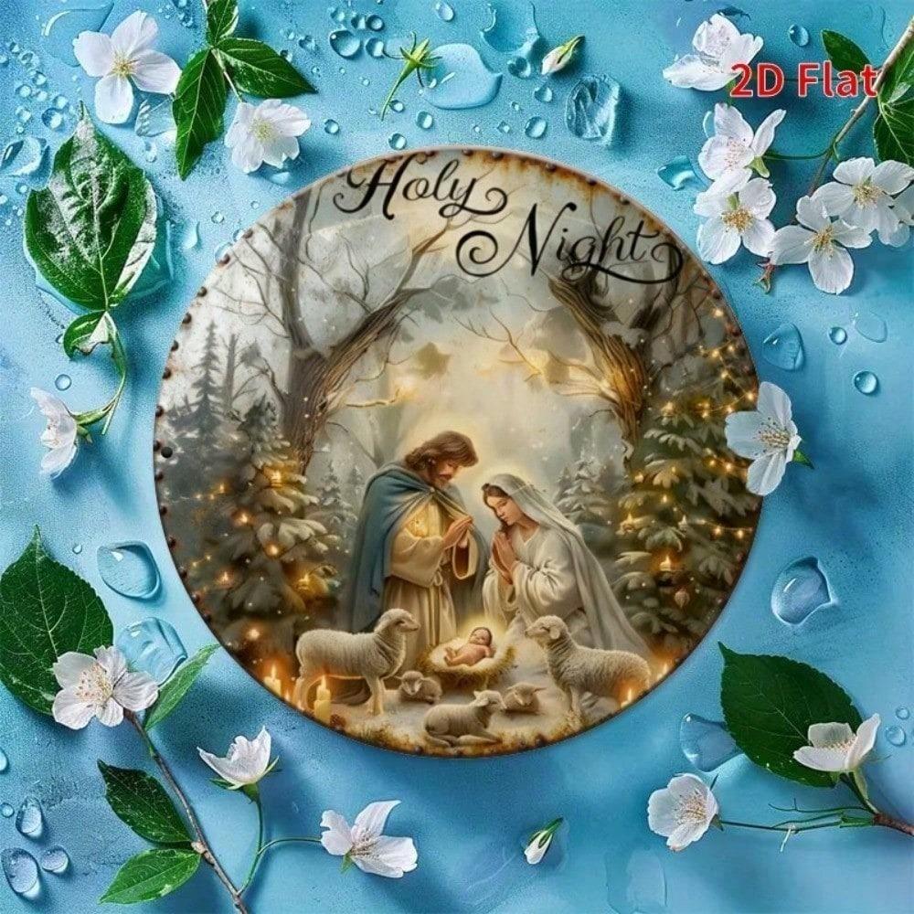 Vintage Catholic Nativity Scene Tin Sign 8 Inch Religious Wall Art Aluminum Metal Decor Indoor Outdoor Home Christmas Round