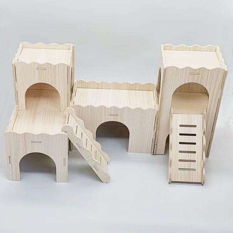 Wooden Multi-Room Hamster House with Bridge, Platform, and Ladder for Hedgehogs and Small Animals