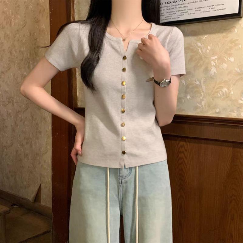 Summer Fashion Single-breasted V-neck Split-shoulder Women's Short-sleeved T-shirt, High-end Temperament Short Top 2761#