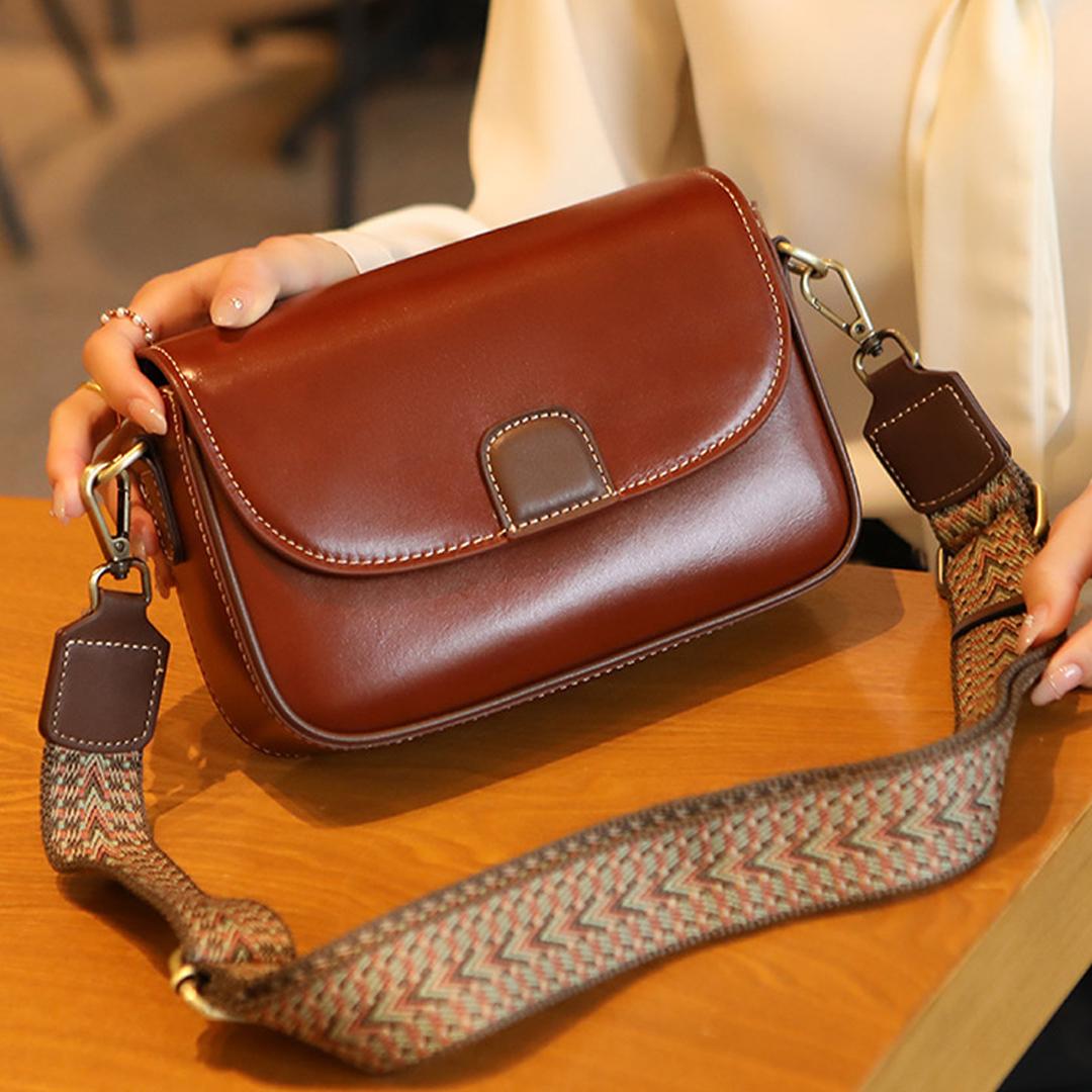 

new fashiable retro cowhide shoulder bag with ctrasting ethnic style wide shoulder strap and crossbody small square bag Mini(Max Length<20cm) кофейный
