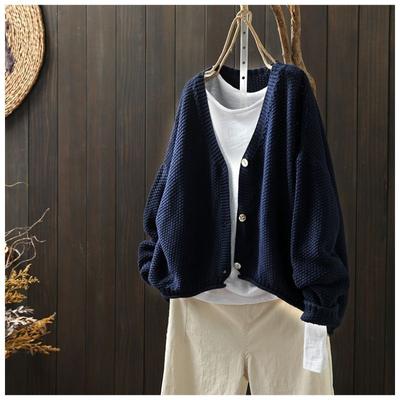 Veste rétro en maille de coton à col en V pour femme, automne, littéraire et décontractée, polyvalente, ample, vêtement d'extérieur