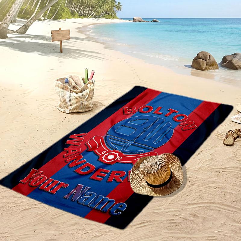 Bolton Wanderers FC Personalized Printed Beach Towel Soccer Logo Support Custom Name Text Absorbent Towel For Sport Travel Special Gift