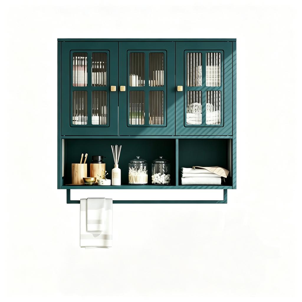 Bathroom Wall Cabinet, 3-Door, Open and Hidden Storage, Glass Door, Towel Bar, for Entryway Living Room Bathroom Dining Room, Dark Green