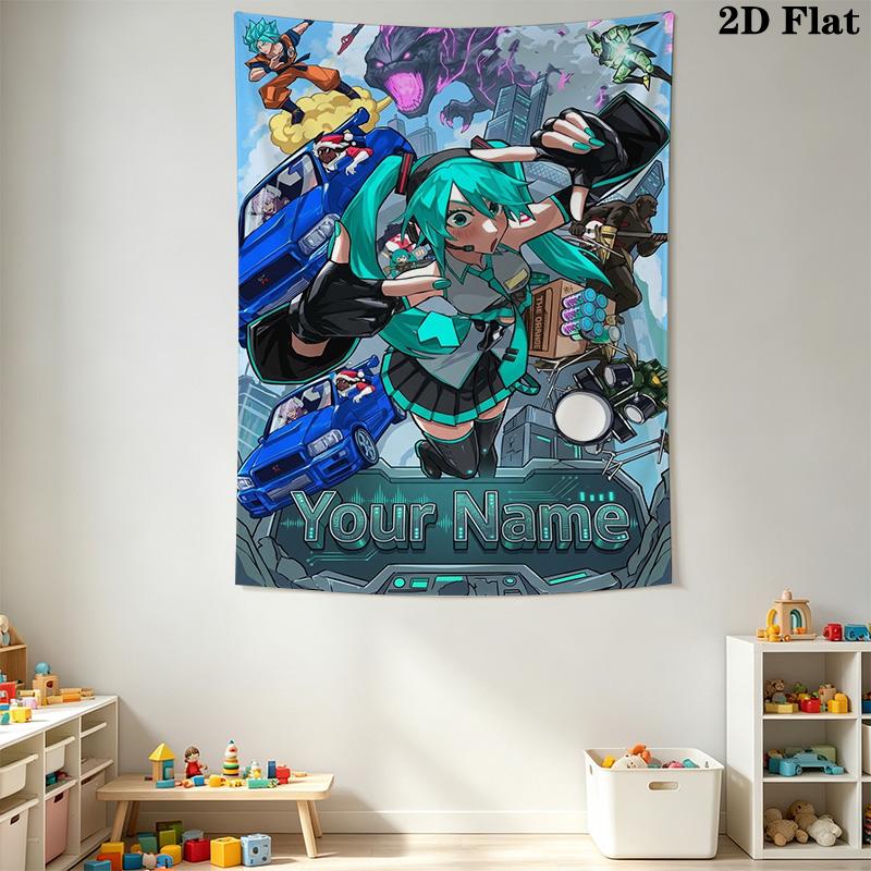 Name Benutzerdefinierte Anime Miku Wandteppich Ästhetischer Wandbehang Bedruckter Stoffdecke Dekorative Wandteppiche für Schlafzimmer Wohnzimmer Heimdekoration