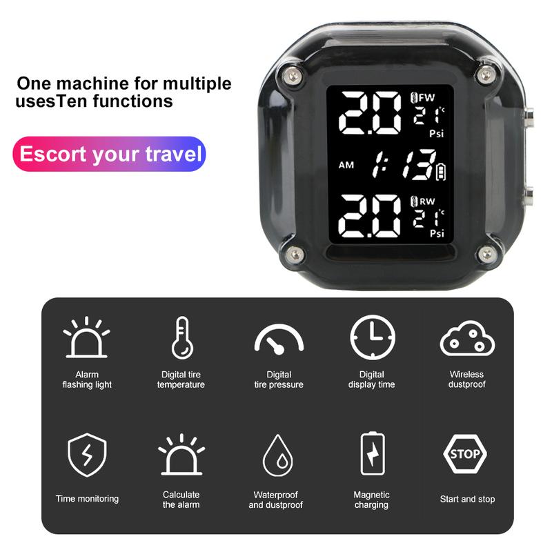 Motorcycle TPMS LCD Display Tyre Temperature Motor Tire Pressure Monitoring Alarm System With 2 External Sensors