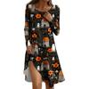 Ladies Halloween Party Dress 3D Horror Pumpkin Ghost Print Long Sleeve Round Neck Casual A-Line Dress Vestidos