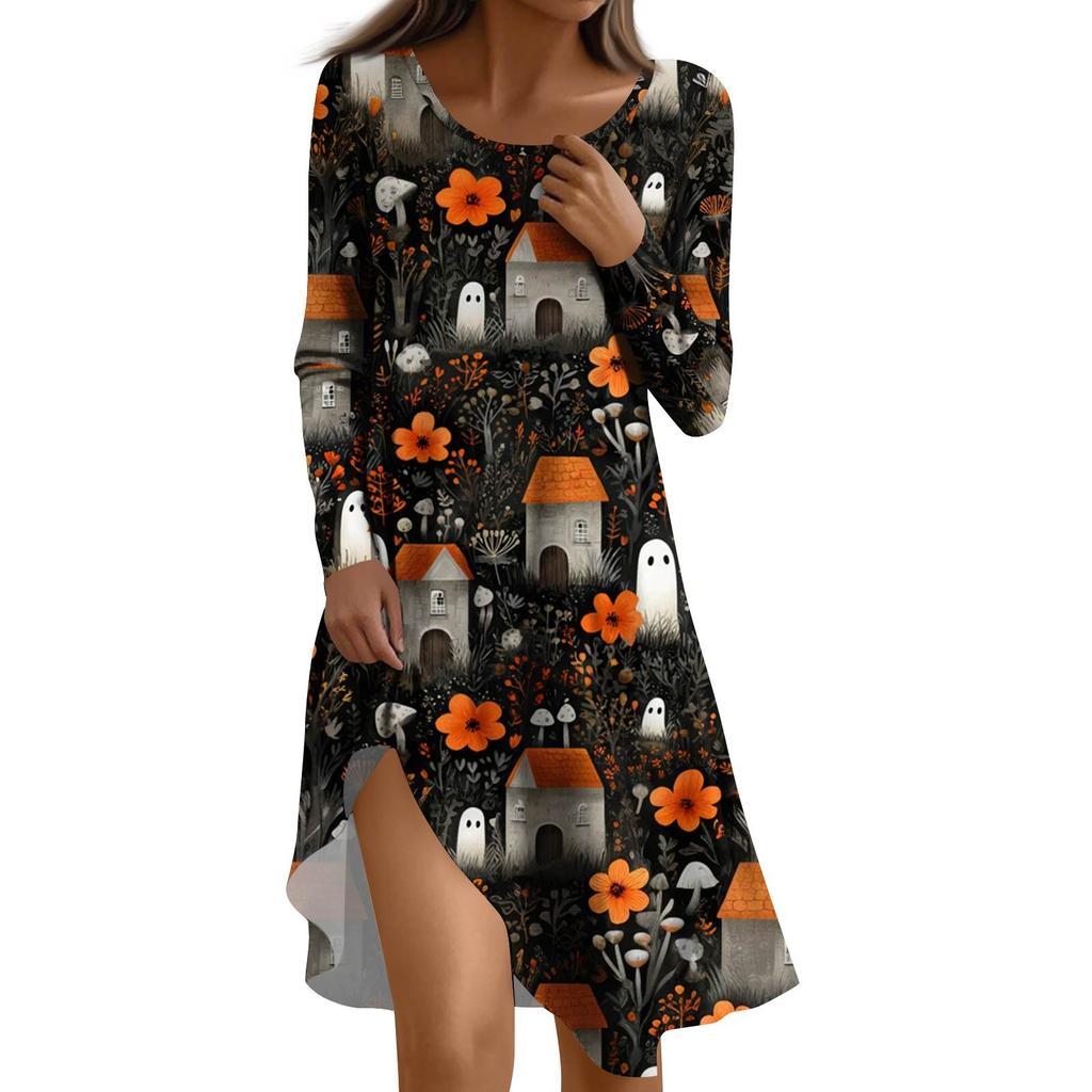 Ladies Halloween Party Dress 3D Horror Pumpkin Ghost Print Long Sleeve Round Neck Casual A-Line Dress Vestidos