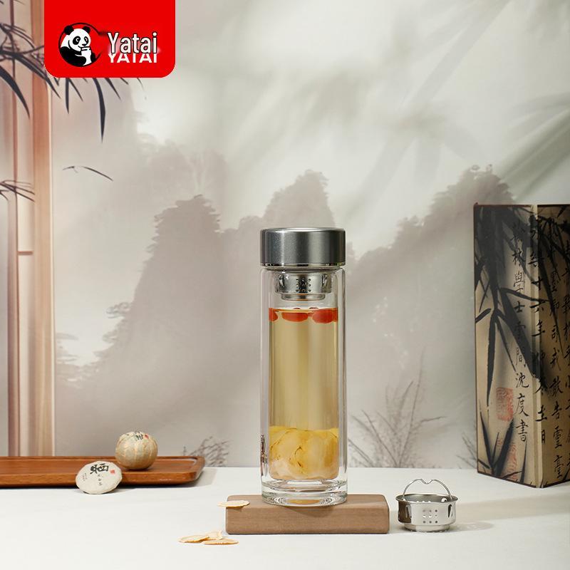 Yatai Double-Layer Glass Teacup Set with Clock - Elegant and Simple Design 330ml серый