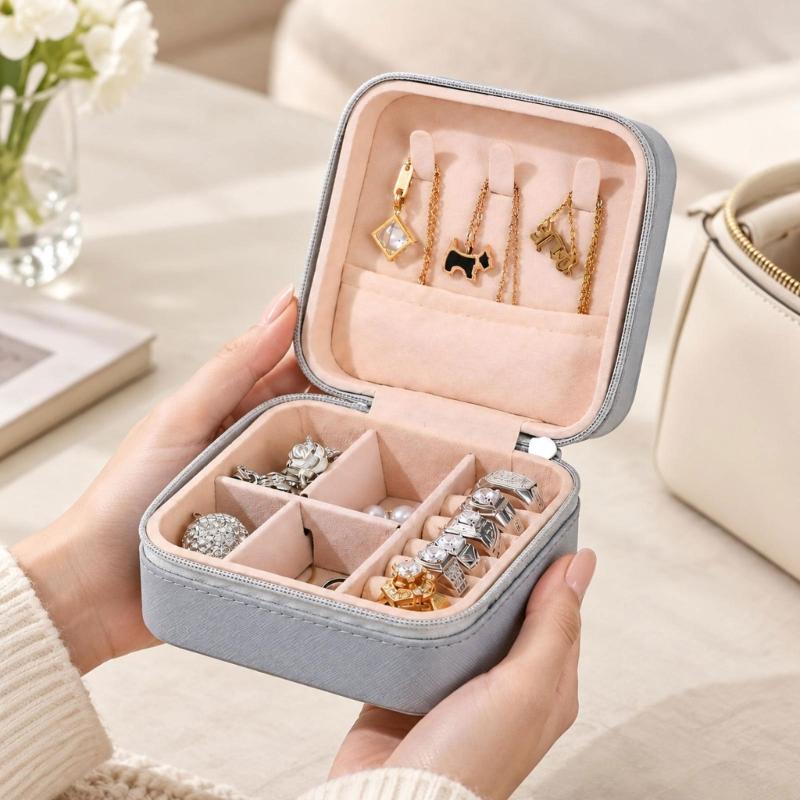 Zippered Leather-Material Jewelry Storage Case with Lid Hooks, Interior Pocket, Ring Rolls, and Removable Dividers
