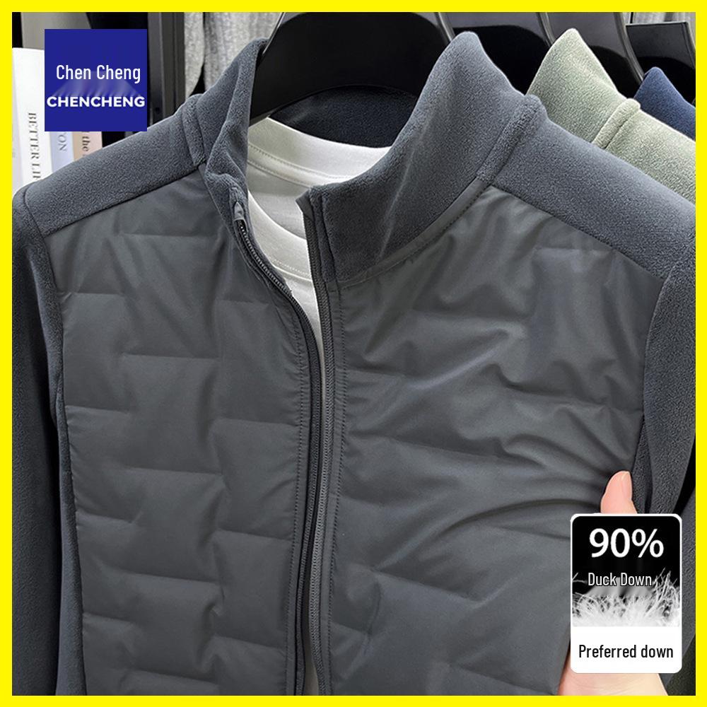 Men's Lightweight Winter Duck Down Jacket with Stand Collar and Warm Fleece