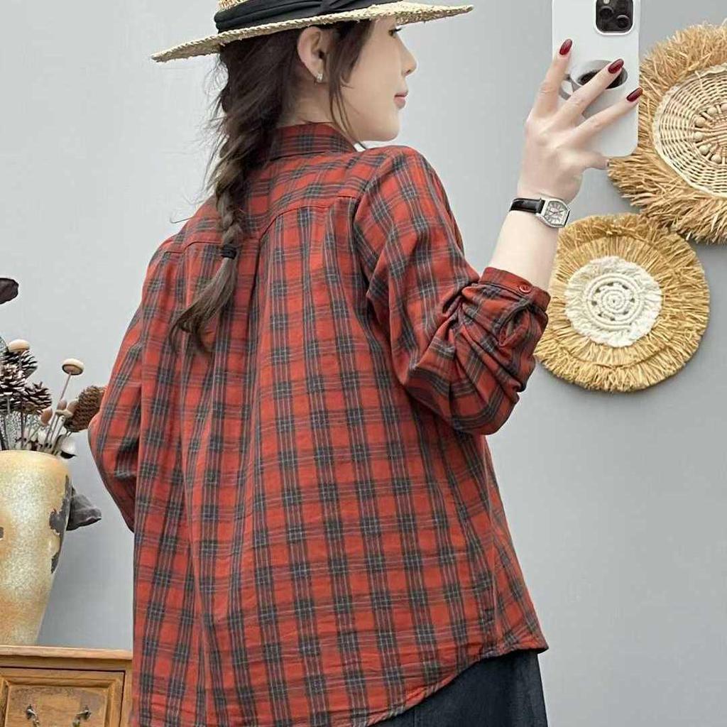 Authentic Cotton Double-Layer Gauze Plaid Shirt for Women - Long Sleeve, Loose, Versatile, Retro Style