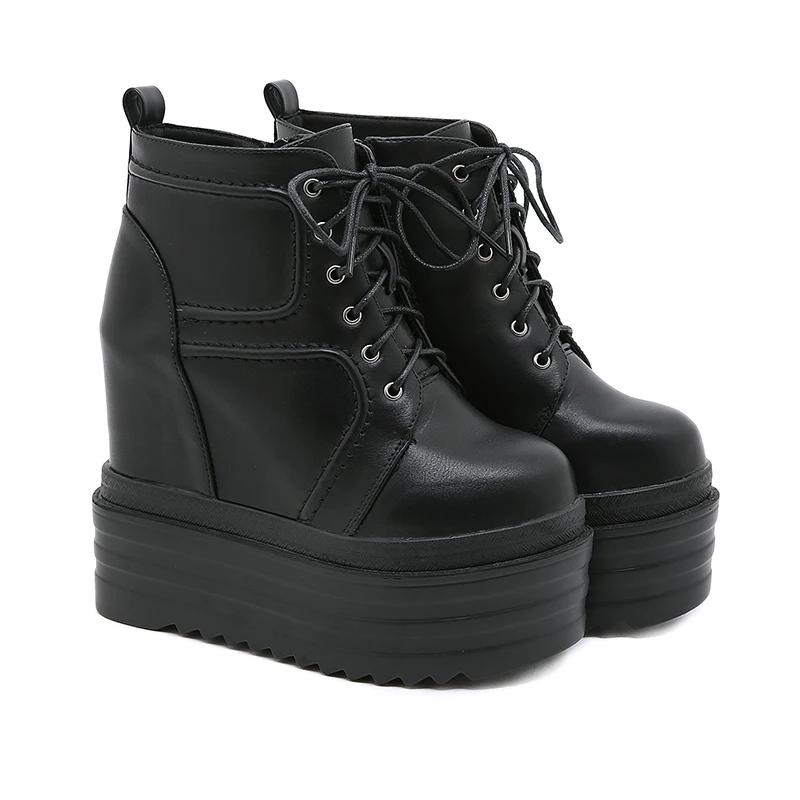 Fashion 14CM Platform Boots Goth for Women Lace Up Wedge Heel Chain Ankle Booties Studded Short Motorcycle Boots with Zipper White