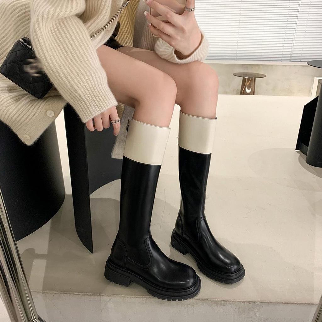 Su Yinyin Style Colorblock Round Toe Thick Sole Back Zipper Women's Riding Boots