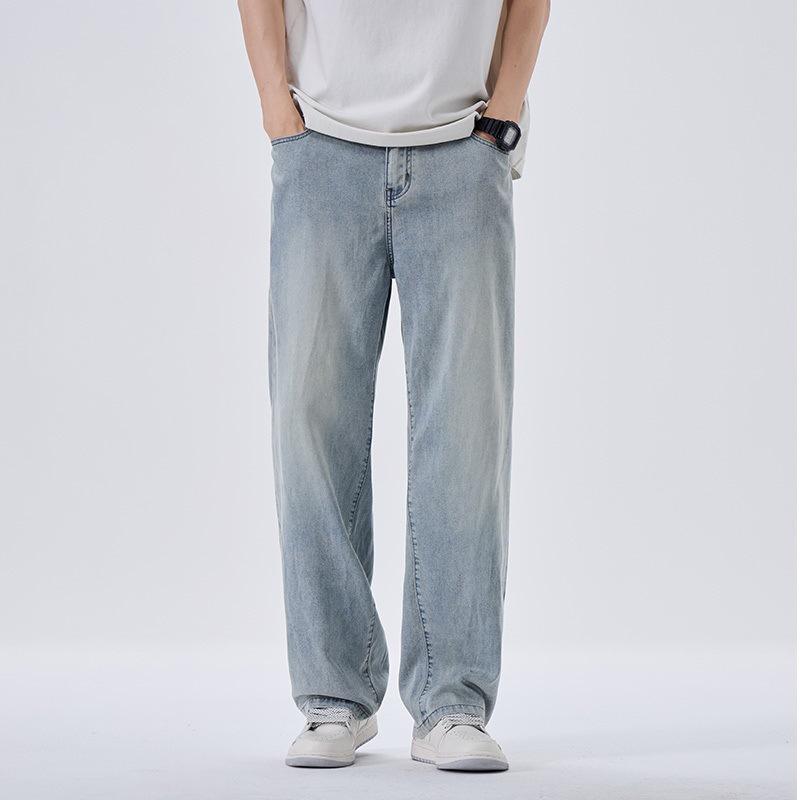 

Летние тонкие мужские джинсы свободного прямого кроя с полуэластичной талией и пуговицами 4XL