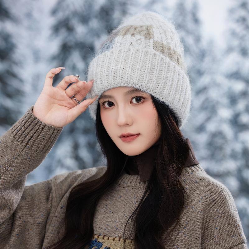 New Autumn and Winter Square Color Block Knitted Wool Hat American Big Head Windproof Pullover Hat Outdoor Casual Warm Hat